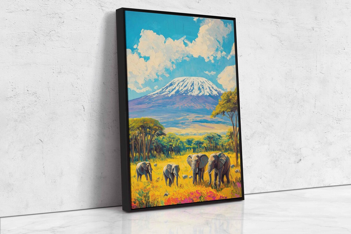 Kilimanjaro Snowcapped Peak with Elephant Herd in Savanna Acrylic Painting Poster - Image 4