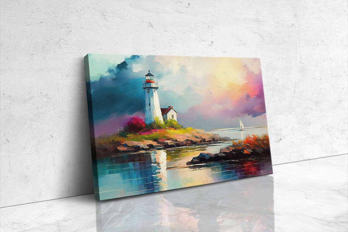 Lighthouse Island Sunset Sailboat Colorful Coastal Seascape Oil Painting Poster - Image 4