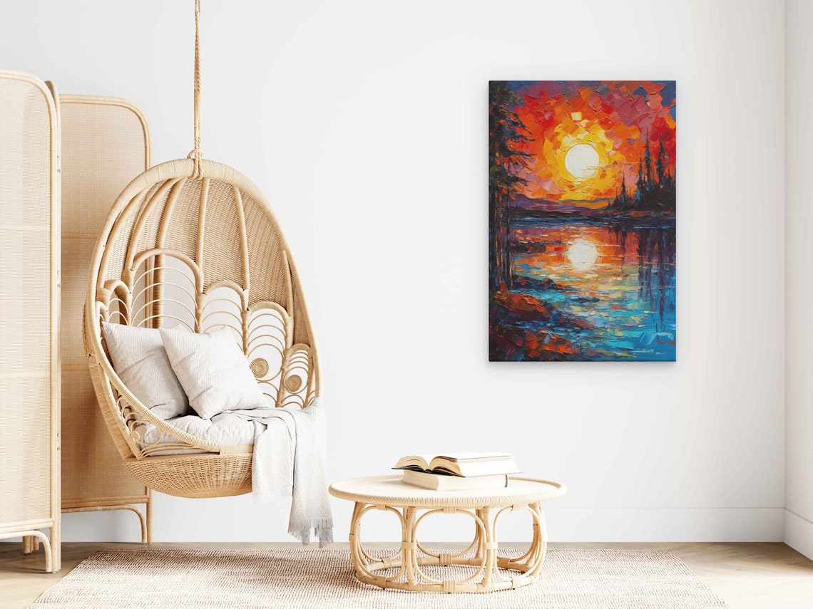 Sunset River Reflection Palette Knife Colorful Landscape Art Poster - Image 3