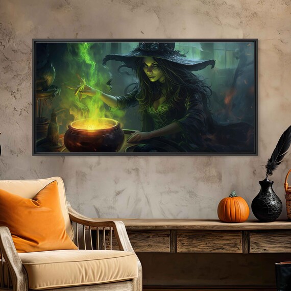 Dark Witch Brewing Green Potion Cauldron Magic Flames Fantasy Art Print