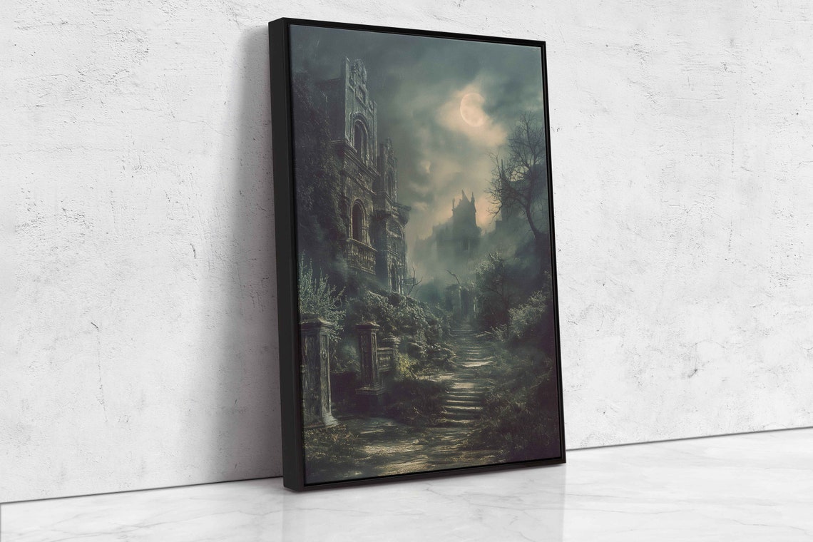 Old Eerie Mansion On Hill Twisted Trees Full Moon Foggy Night Print - Image 4