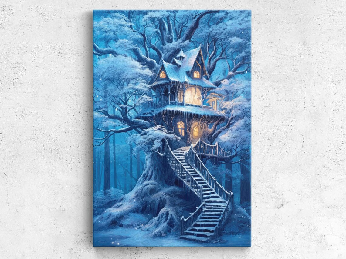 Snow-Covered Treehouse in Winter, Holiday Wall Art Print
