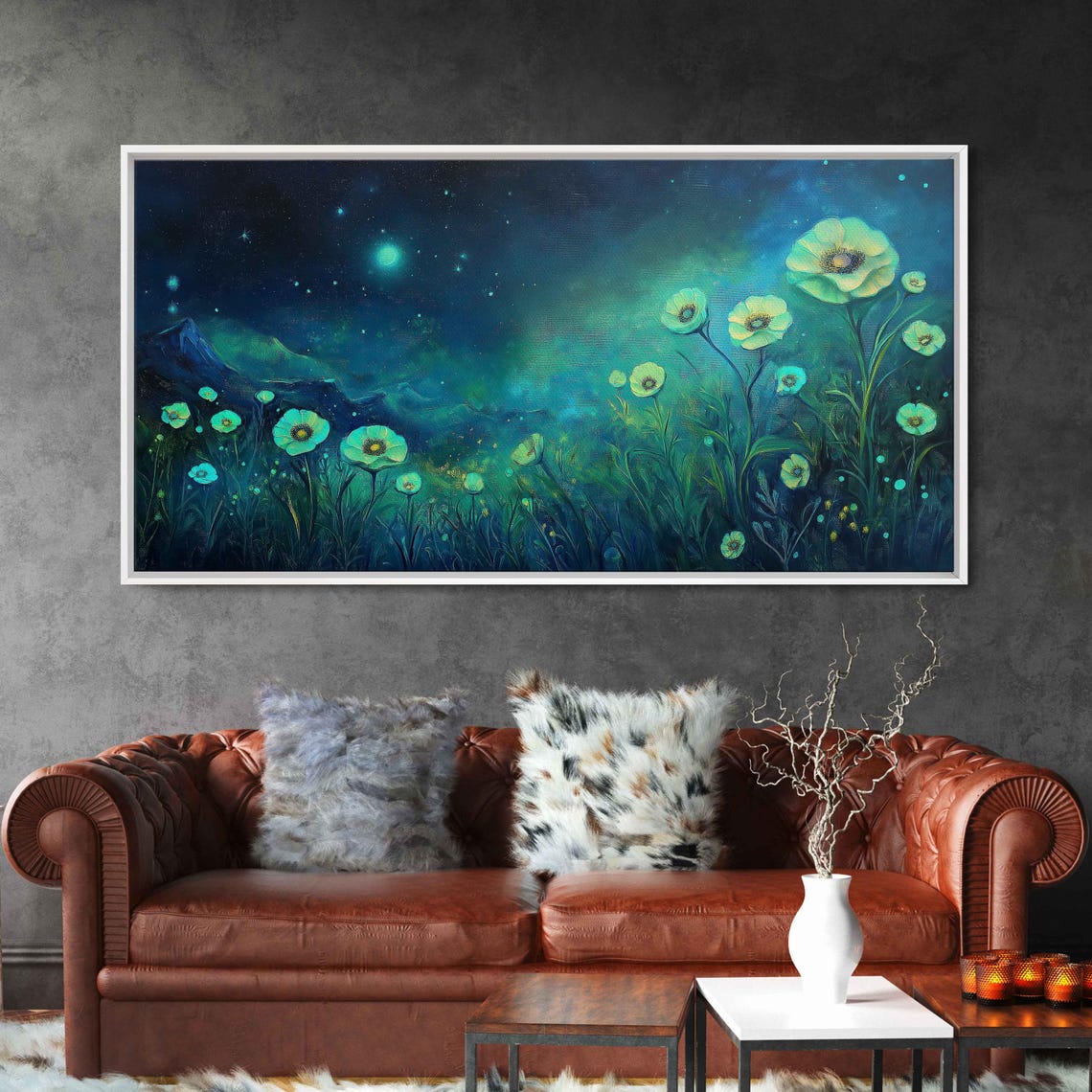 Glowing Green Flowers Starry Night Magical Meadow Dream Art Poster