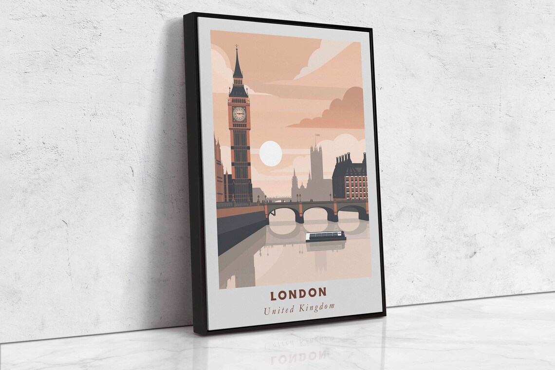 London Big Ben Westminster Bridge Peach Sky Vintage Travel Poster - Image 2