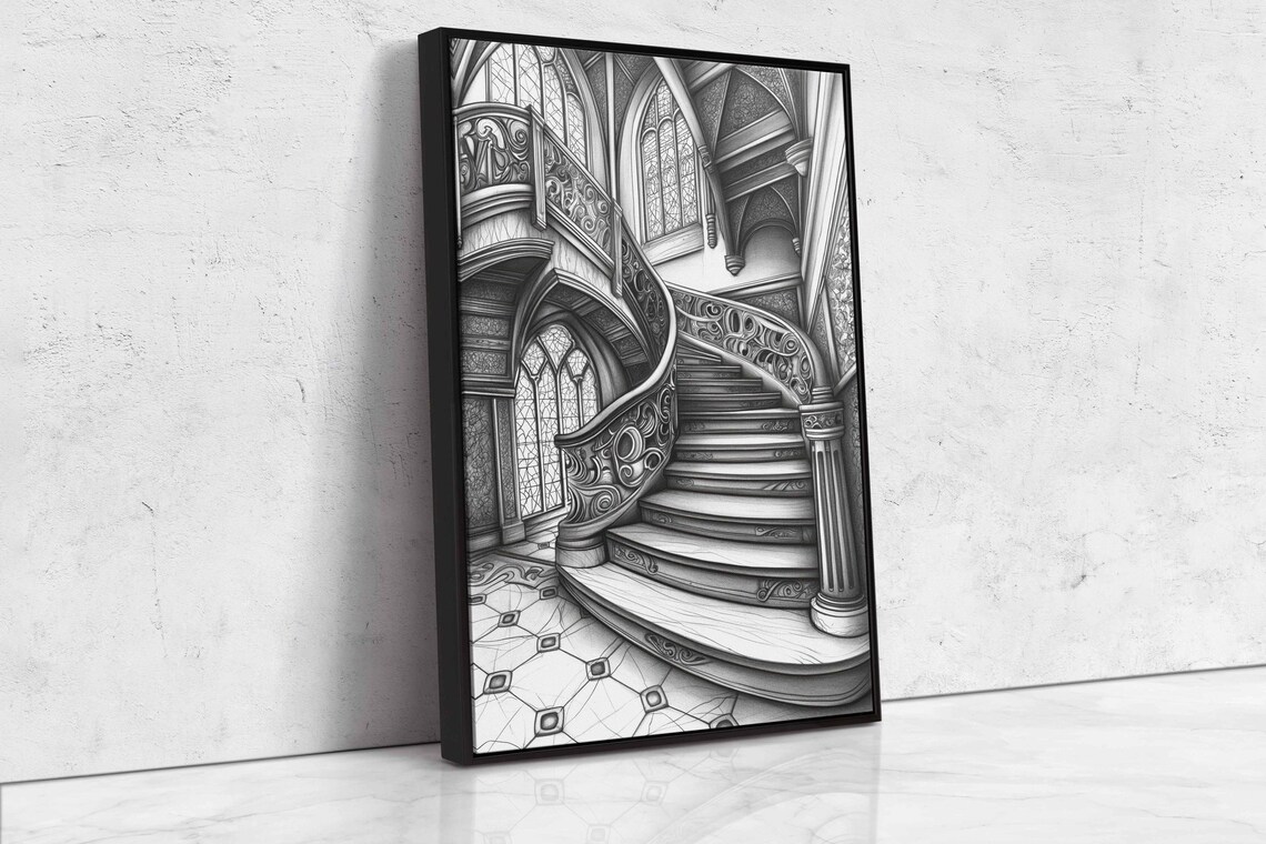 Winding Ornate Gothic Staircase With Stained Glass Spooky Ink Art Poster - Image 4