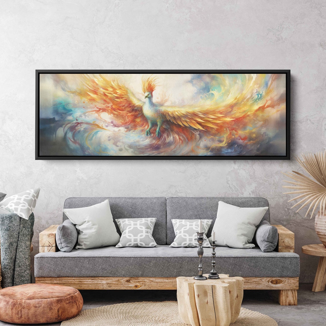 Colorful Phoenix Rising Watercolor Pastel Mythology Bird Panoramic Art