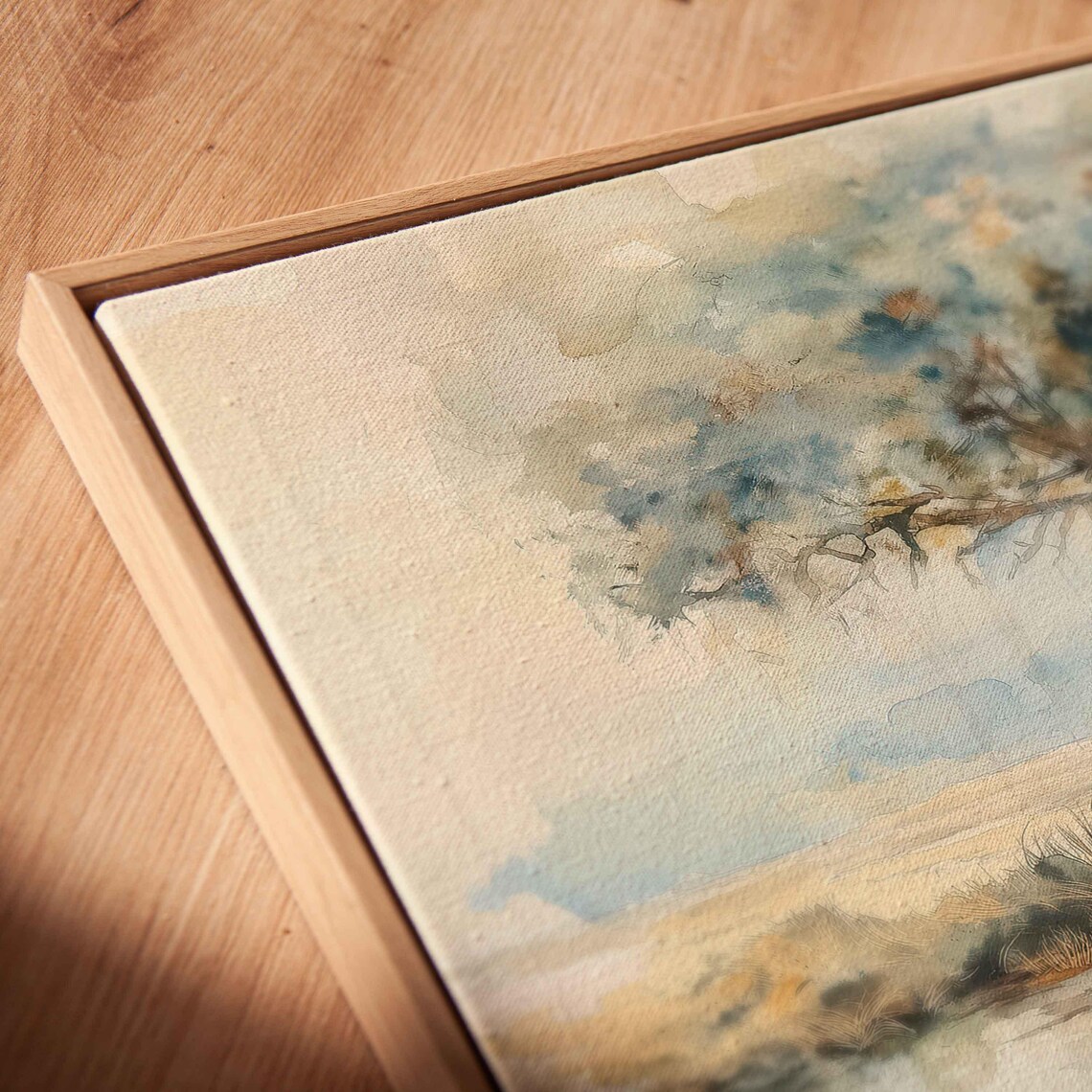 Elephant Family Beneath Acacia Tree by the Water Soft Watercolor Art Poster - Image 2