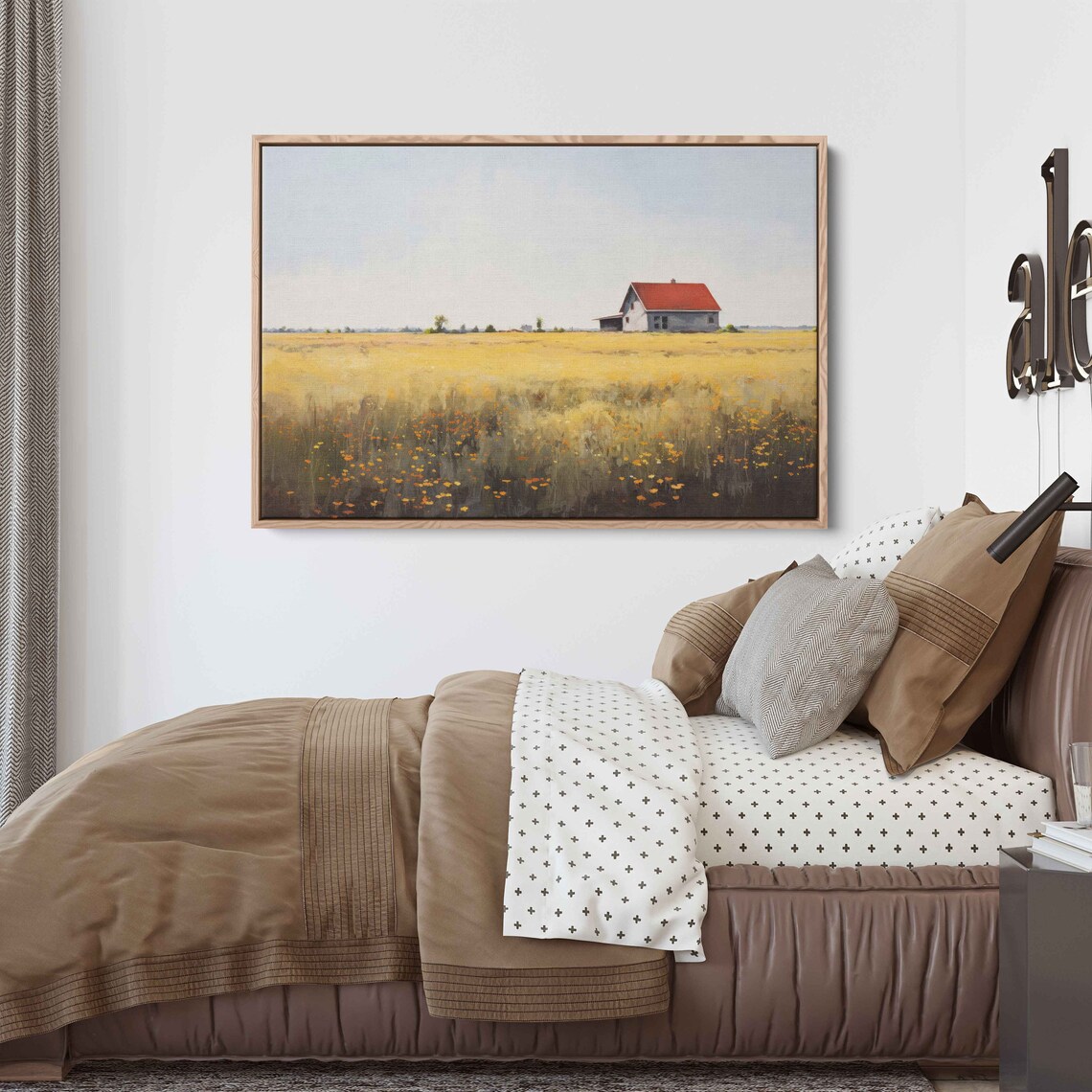 Golden Field Red Roof Farmhouse Wildflowers Country Sunset Poster - Image 2