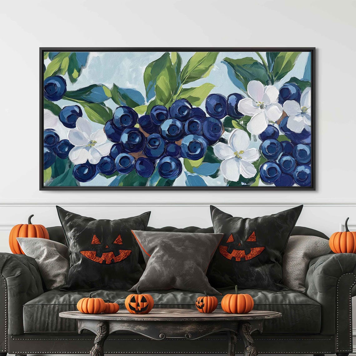 Dense Blueberry Clusters With White Blossoms Painting Art Print - Image 3