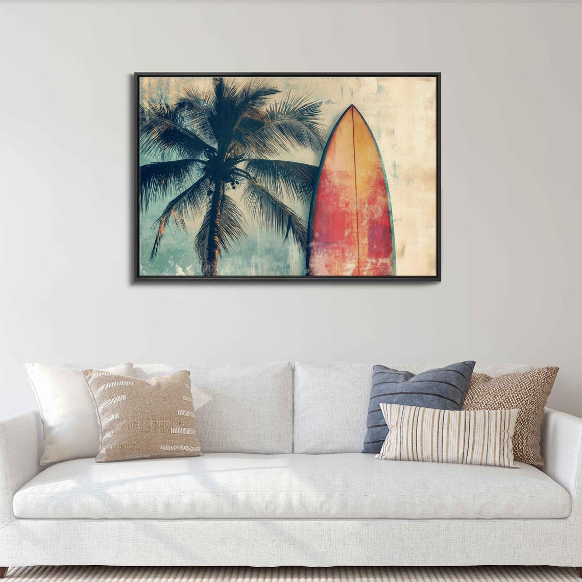 Vintage Surfboard On Sandy Beach Wall Art Print Beach Life Tropical Island Gift For Surfer Palm Trees Ready To Hang - Image 3