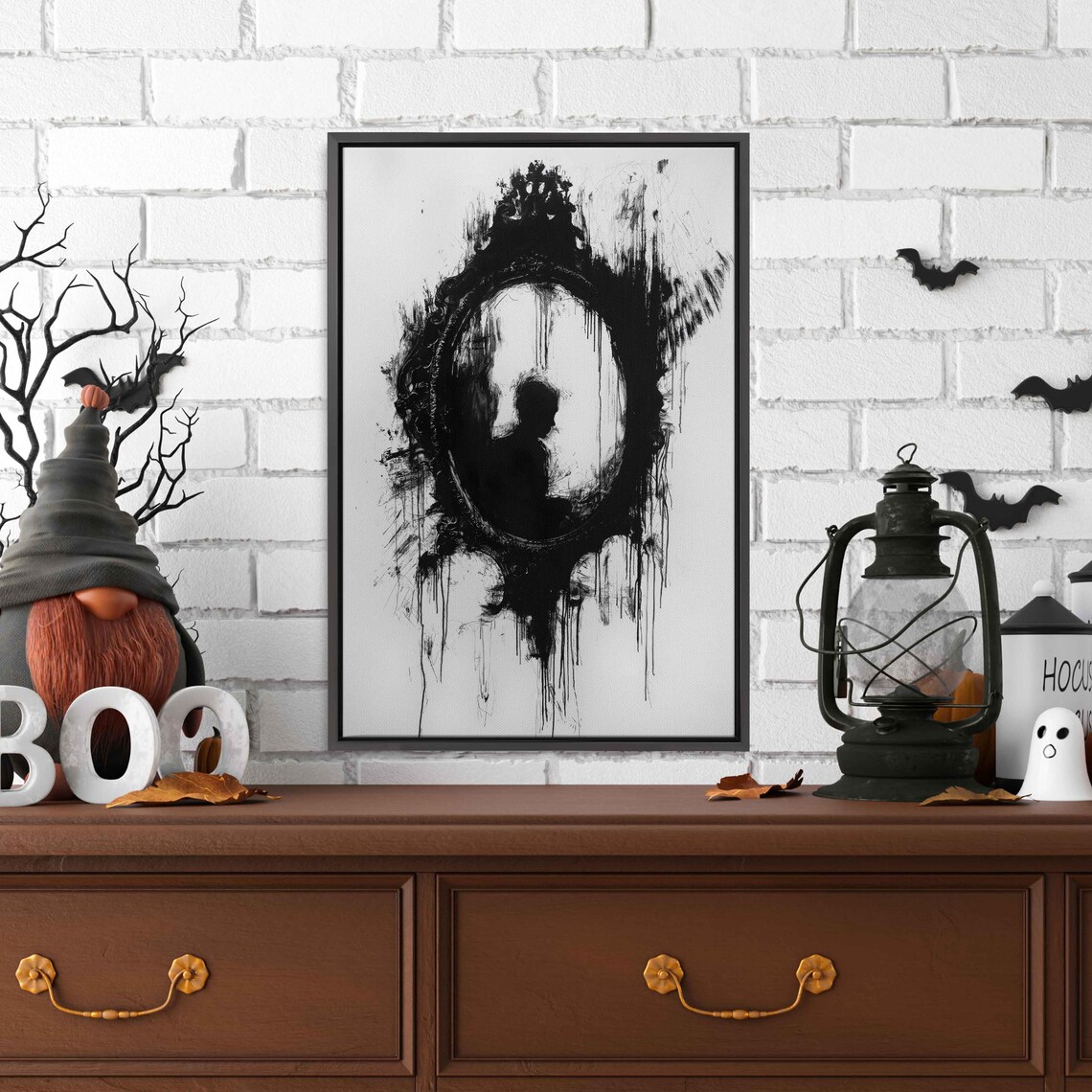 Haunted Oval Mirror Reflecting Eerie Figure Dripping Black Ink Gothic Art Poster - Image 3