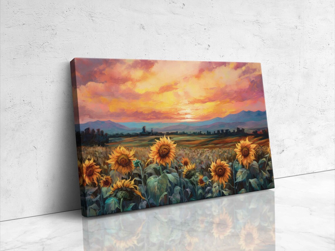 Sunflower Field at Sunset, Oil Painting Art Print - Image 4