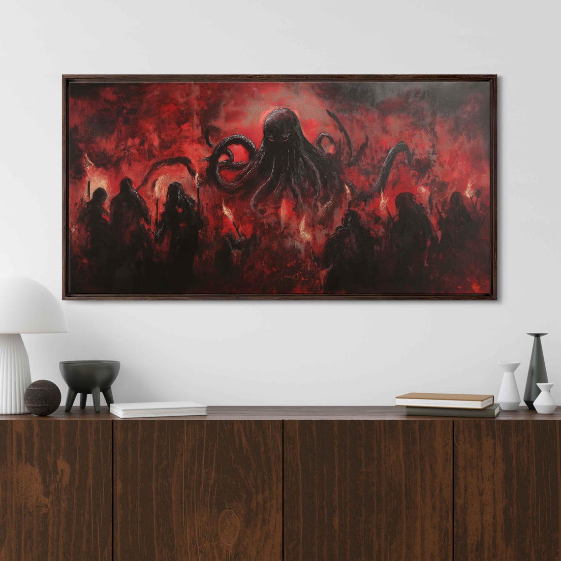 Cthulhu Cult Gathering Red Black Flames Torch Crowd Horror Poster