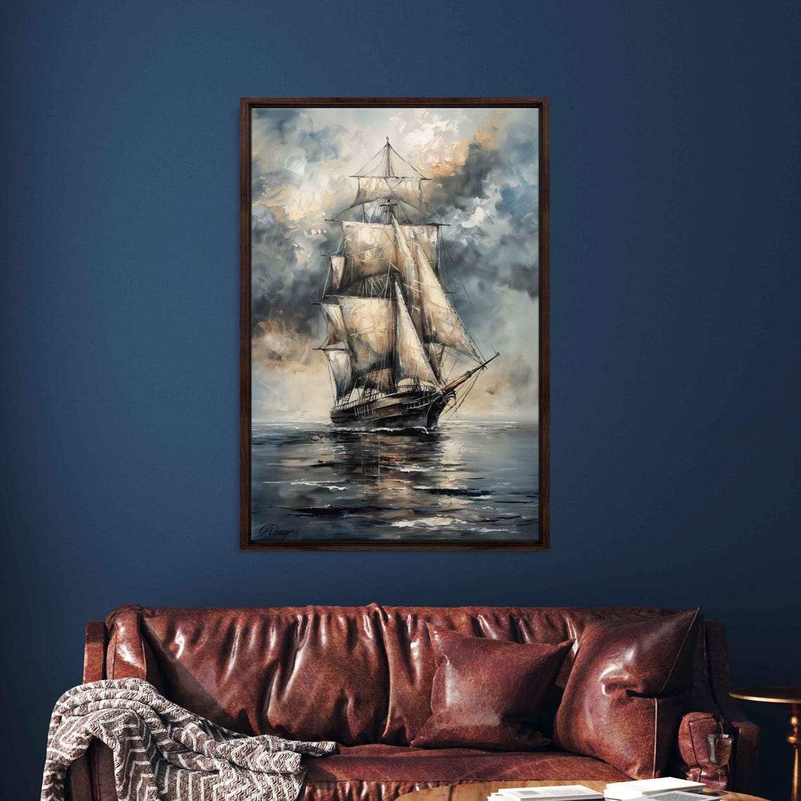 Vintage Tall Ship With Full Sails On Stormy Dark Ocean Seascape Poster