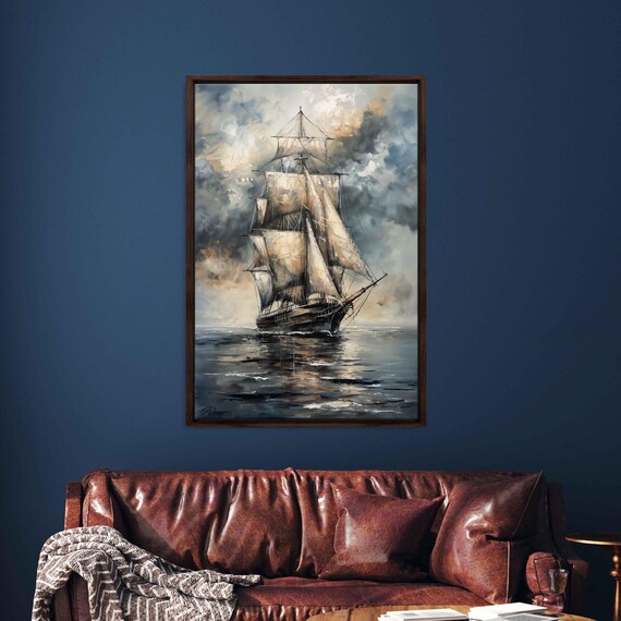 Vintage Tall Ship With Full Sails On Stormy Dark Ocean Seascape Poster