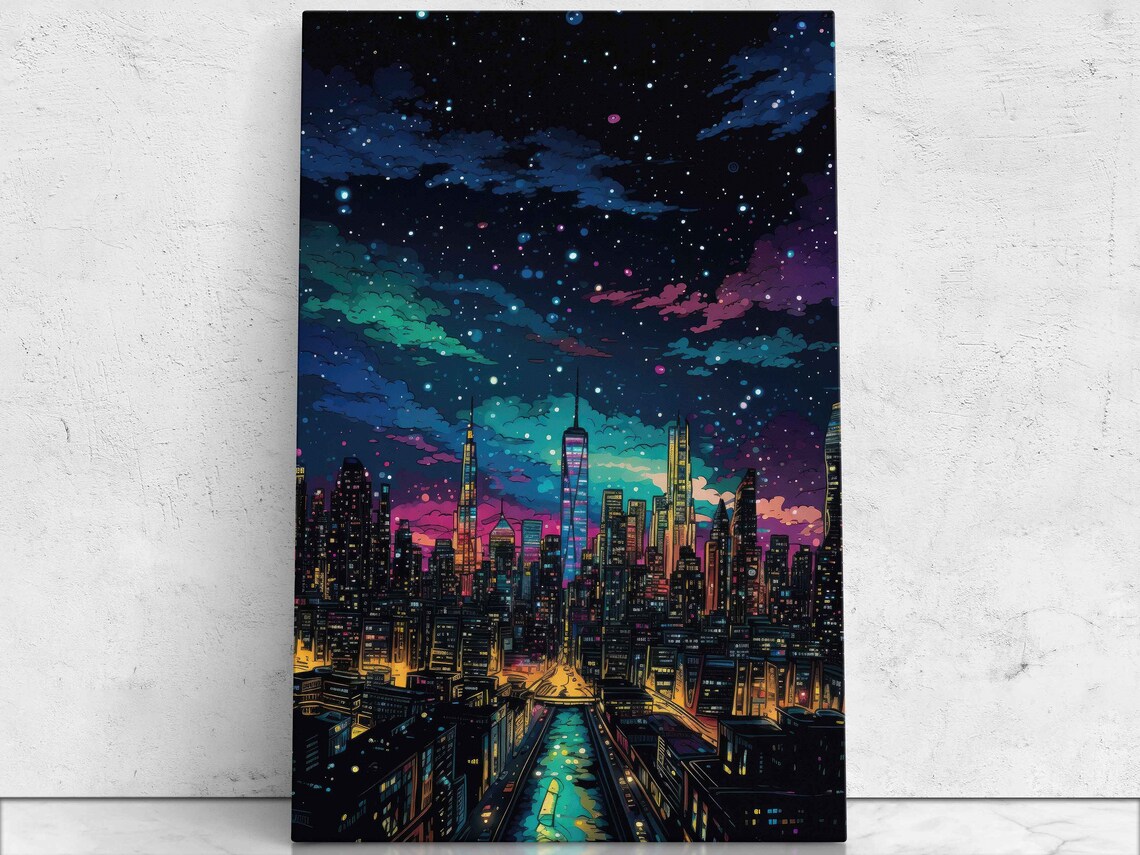 Comic City Street Night Stars Neon Lights Urban Wall Art Poster
