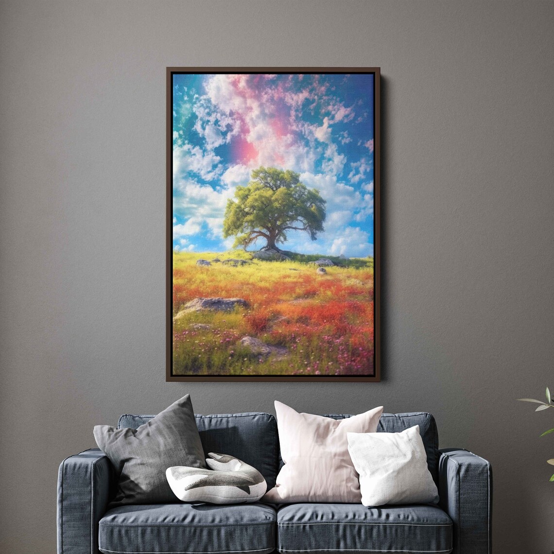 Ancient Tree Rainbow Sky 2colorful Ancient Tree In An Open Field Colorful Cloudy Skies Framed Print Ready To Hang - Image 3