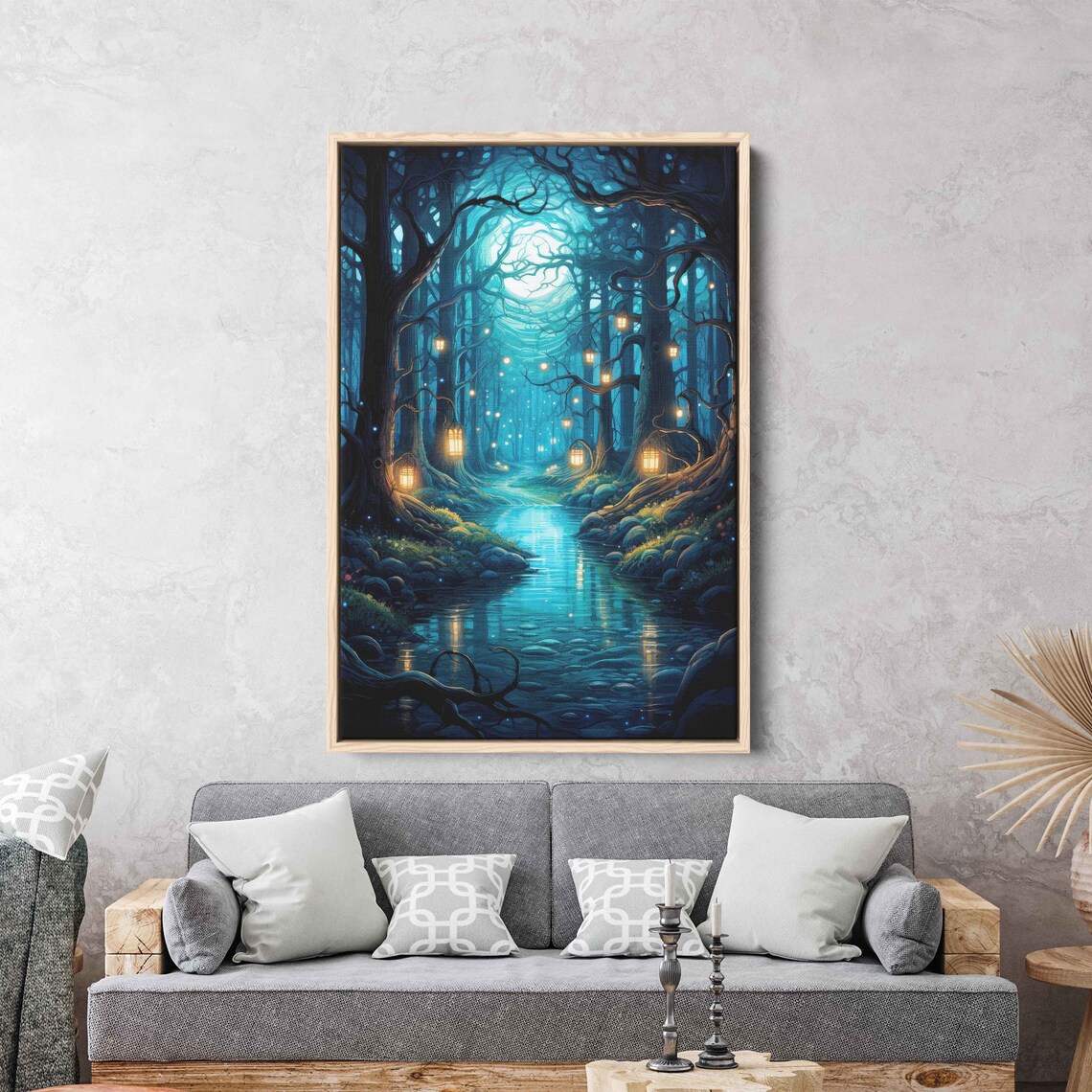 Enchanted Lantern Forest Winding Stream Magical Pond Fantasy Art Wall Art Print Ready To Hang - Image 3