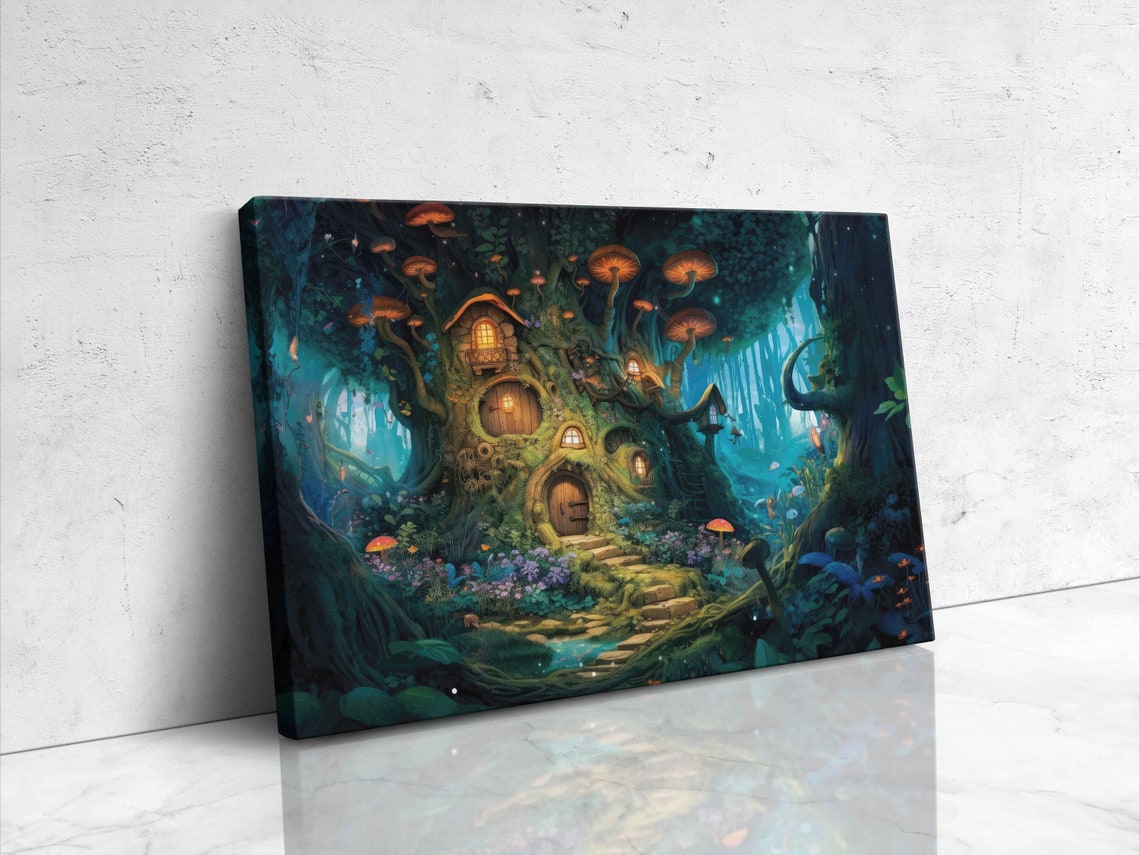 Enchanted Mushroom Treehouse Magical Glowing Forest Fantasy Art Poster - Image 4