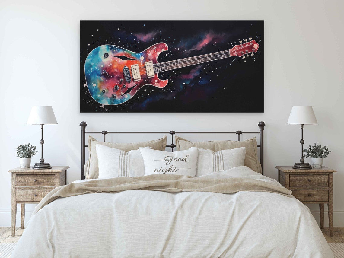 Hollow Body Guitar Galaxy Watercolor Cosmic Music Room Art Print - Image 3