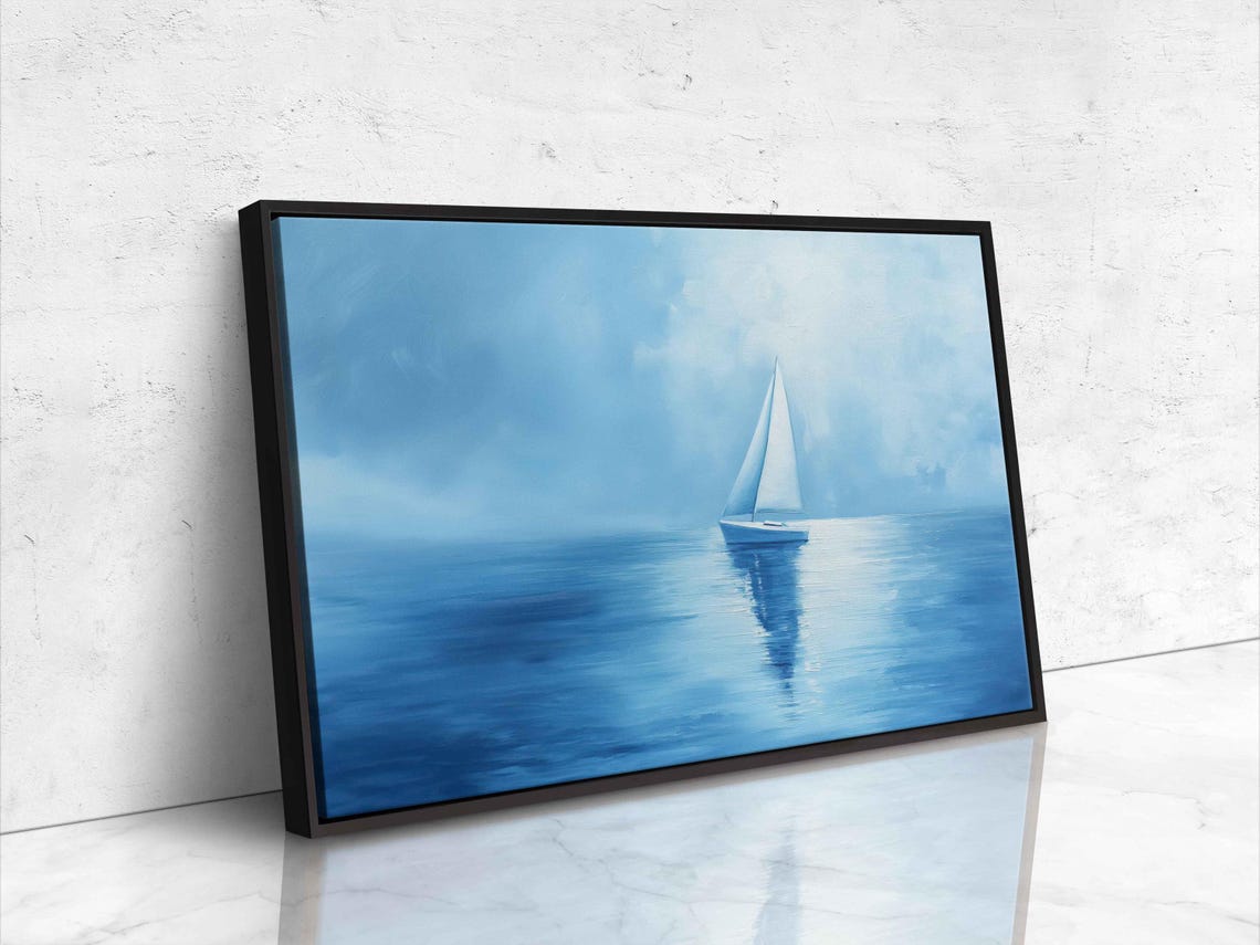 Lone Sailboat Misty Blue Ocean Calm Waters Minimalist Wall Poster - Image 4