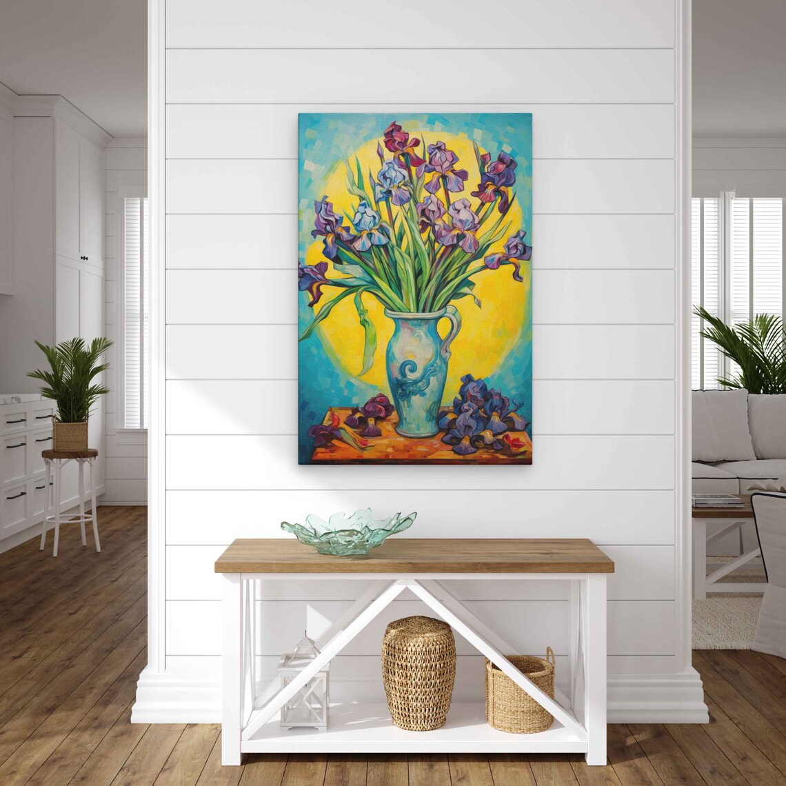 Purple Iris Flowers in Blue Vase Still Life Painting Art Print Poster - Image 3