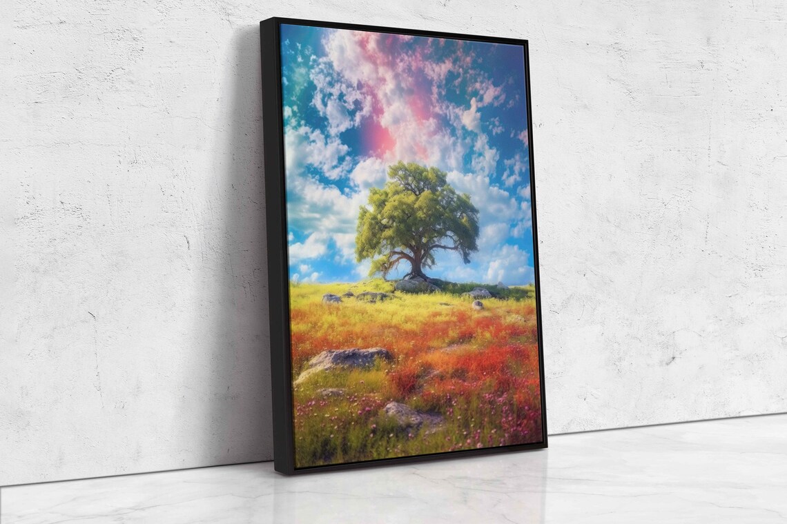 Ancient Tree Rainbow Sky 2colorful Ancient Tree In An Open Field Colorful Cloudy Skies Framed Print Ready To Hang - Image 4