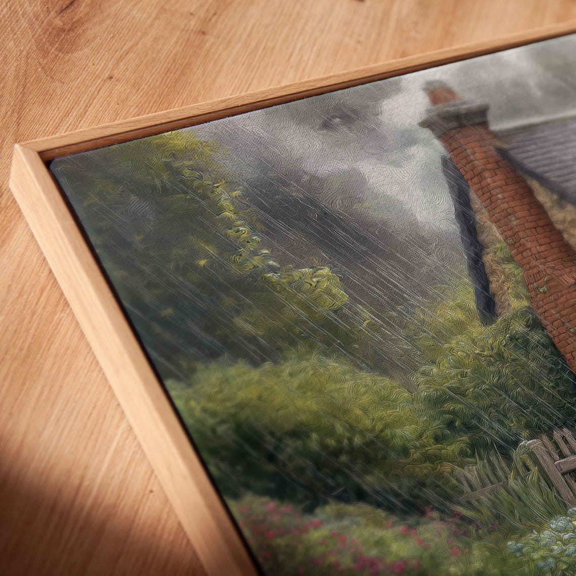 Cozy Brick Cottage in the Rain Moody Rainy Day Garden Poster - Image 2