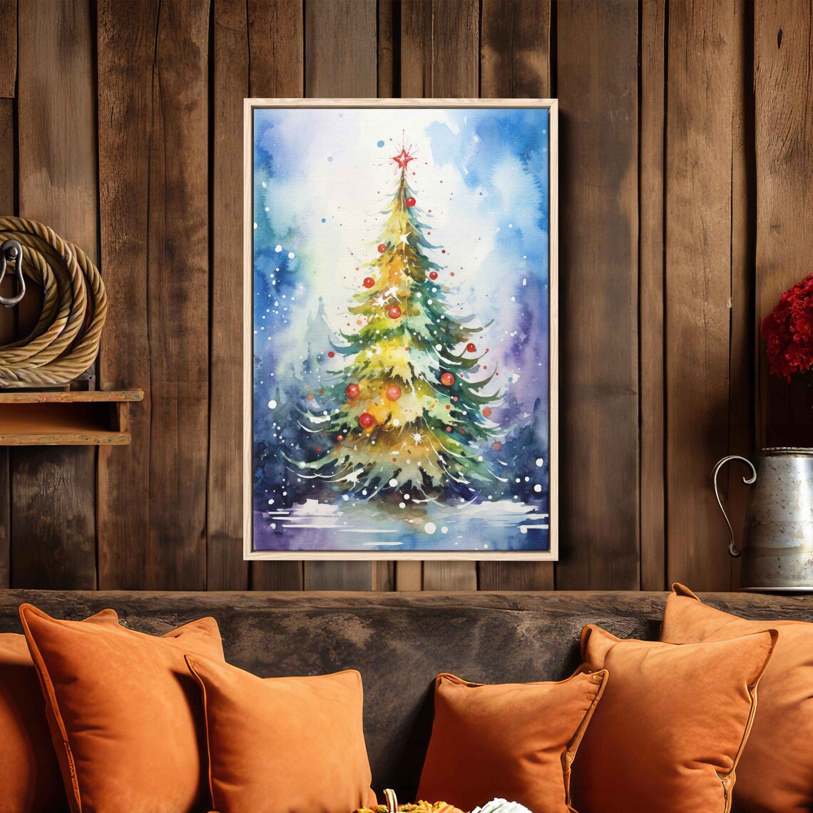Snowy Watercolor Christmas Tree Red Ornaments Starry Sky Poster - Image 3