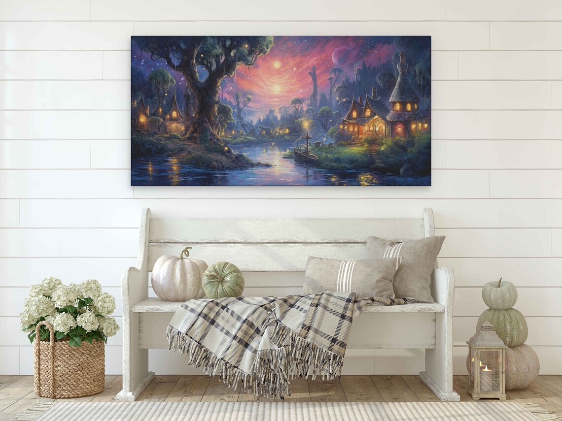 Enchanted Fairy Tale Village River Twilight Fantasy Forest Landscape Print - Image 2