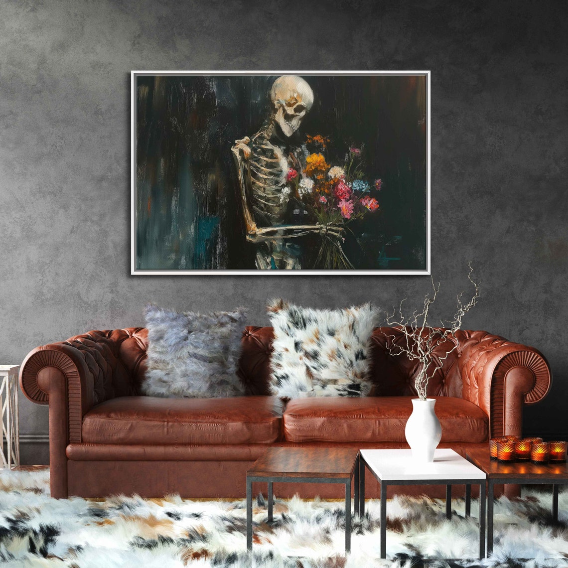Skeleton Holding Wildflower Bouquet Dark Floral Spooky Gothic Wall Art