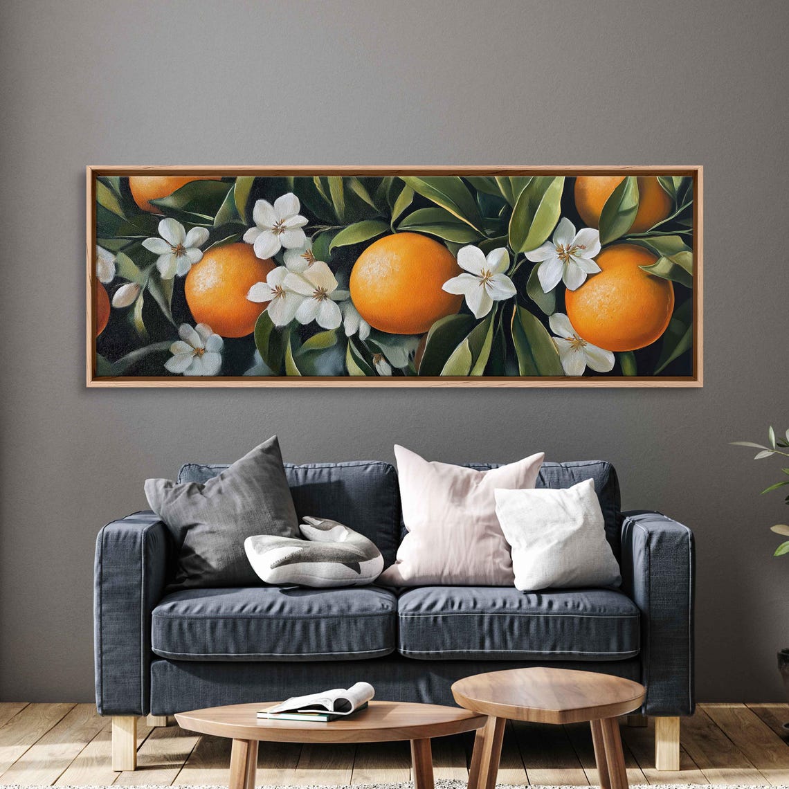 Ripe Oranges White Blossoms Dark Moody Citrus Grove Art Print Poster