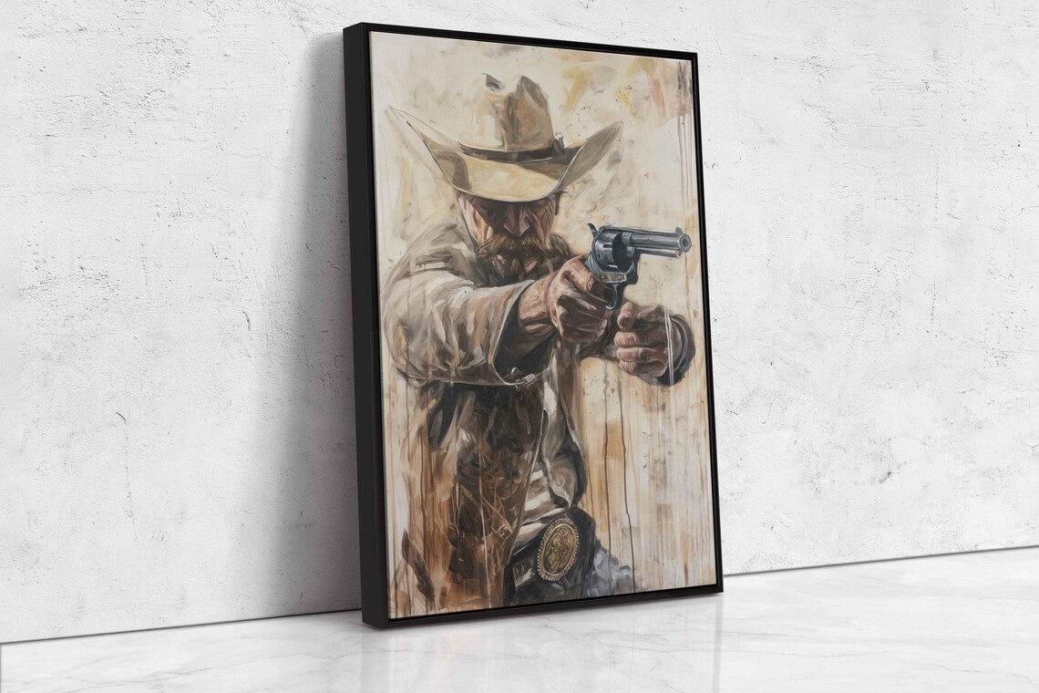 Cowboy Gunslinger Drawing Revolver Vintage Cream Western Poster - Image 4