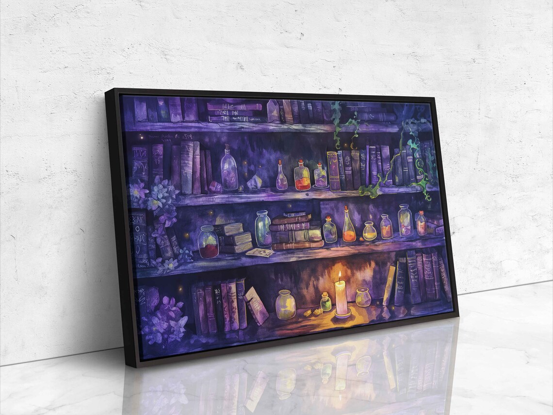 Witches Apothecary Shelf Potion Bottles Candlelight Purple Wall Art - Image 4