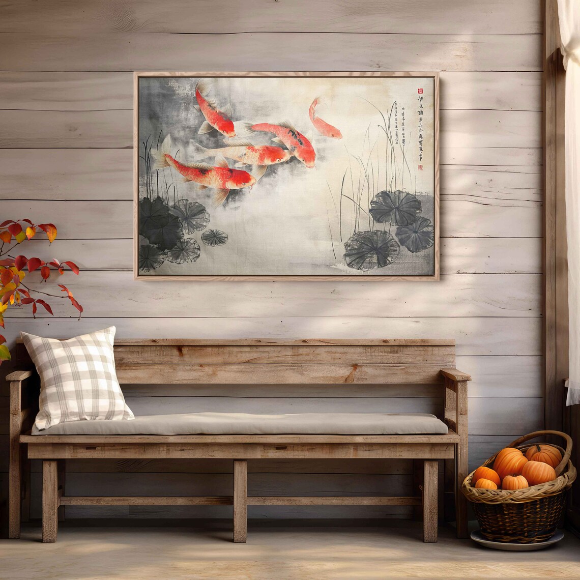 Koi Fish In Pond Traditional Asian Painting Framed Print Ready To Hang - Image 2