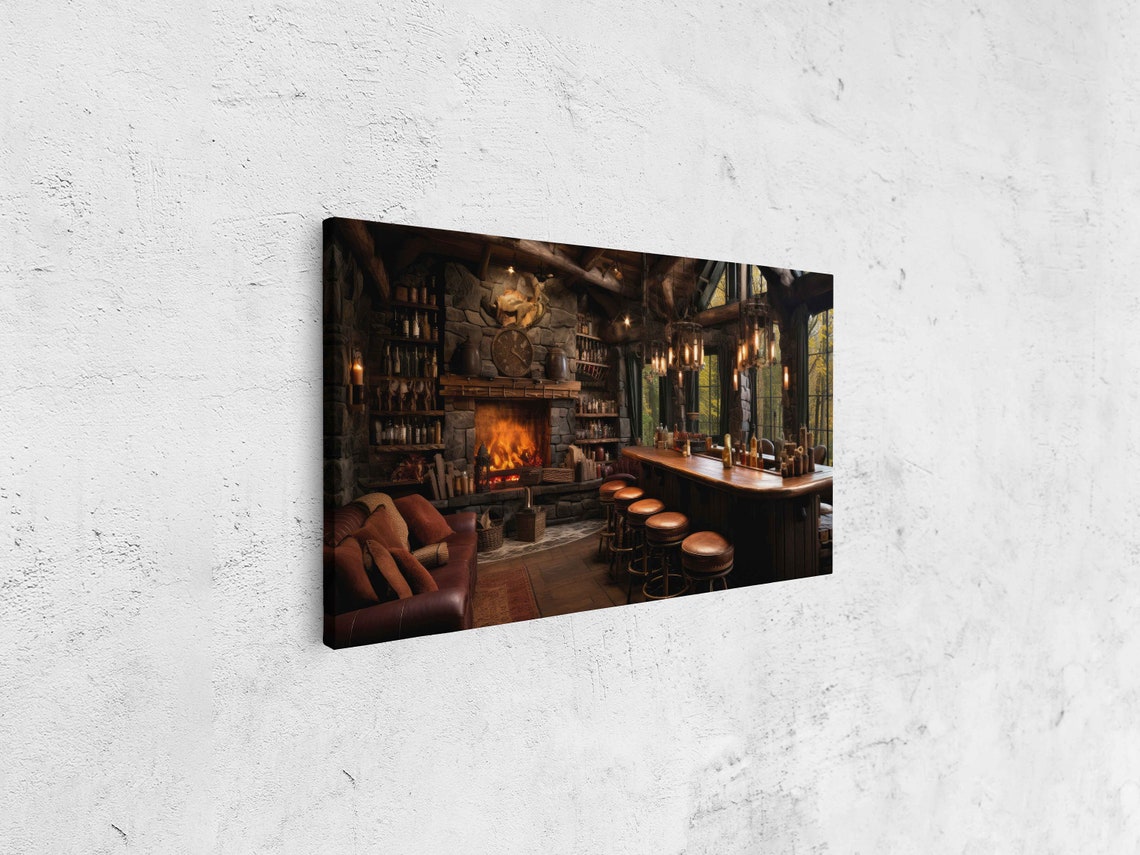 Cozy Rustic Bar Stone Fireplace Leather Lounge Autumn Lodge Art Print - Image 4