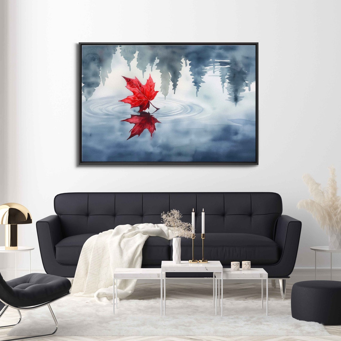 Red Maple Leaf Floating On Calm Water Reflection Watercolor Poster - Image 3