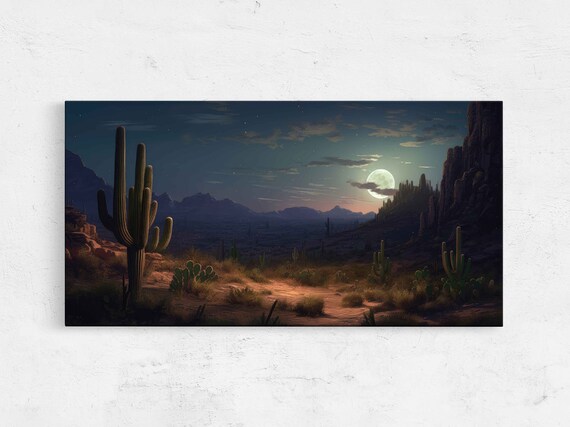 Moonlit Desert Landscape Framed Canavs Print Ready To Hang Large Wall Art Living Room Decor Western Art