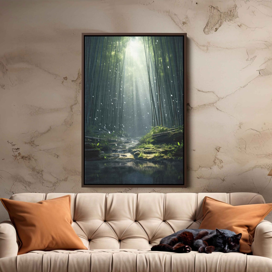 Sunlit Bamboo Forest Sunbeam Pond Reflection Serene Nature Poster - Image 2