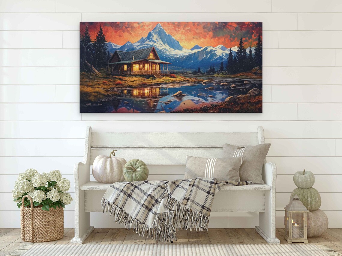 Lakeside Cabin Sunset Reflection Snowy Peak Fiery Orange Sky Art Poster - Image 2