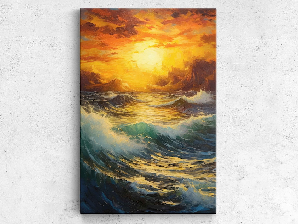 Golden Sunset Ocean Waves Crashing Surf Seascape Painting Poster