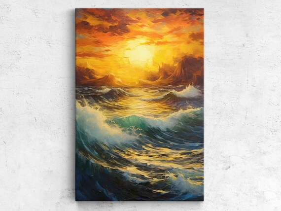 Golden Sunset Ocean Waves Crashing Surf Seascape Painting Poster