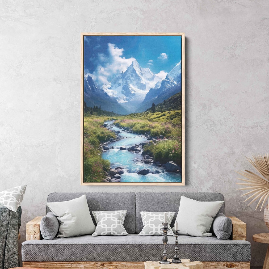 Snow Capped Peaks Winding River Green Valley Landscape Art Poster - Image 2