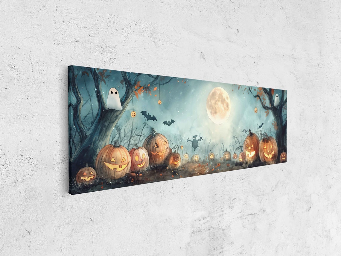 Moonlit Pumpkin Patch Glowing Jack O Lanterns Ghosts Halloween Print - Image 4