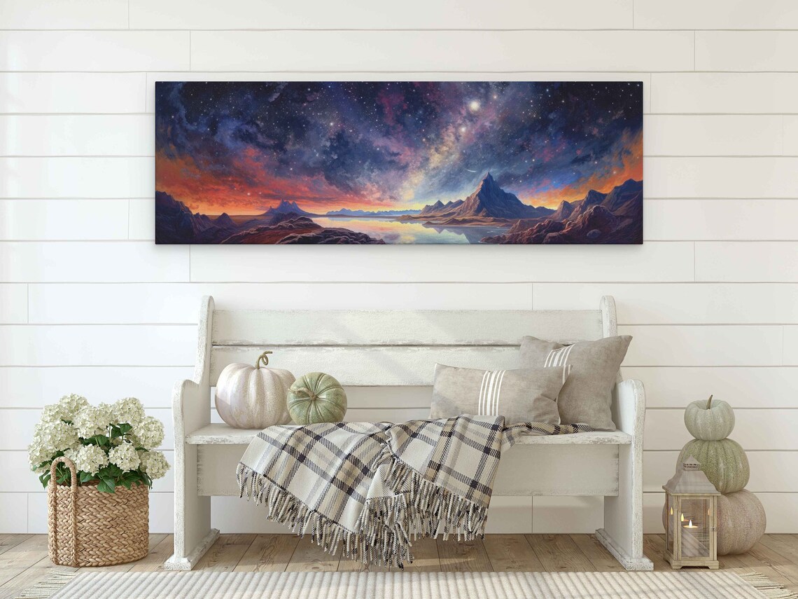 Celestial Starry Night Sky Mountain Lake Milky Way Panoramic Landscape Poster - Image 2