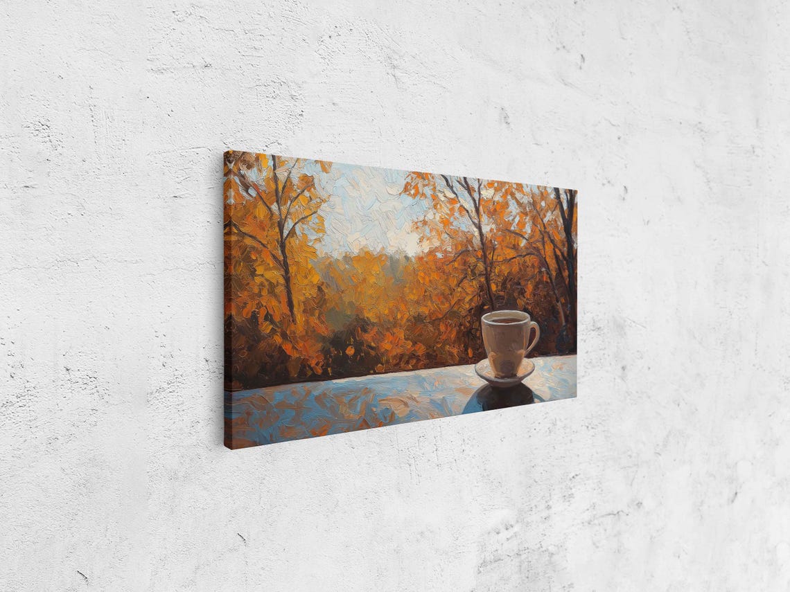 White Coffee Cup Against Golden Autumn Forest Impasto Art Print - Image 4