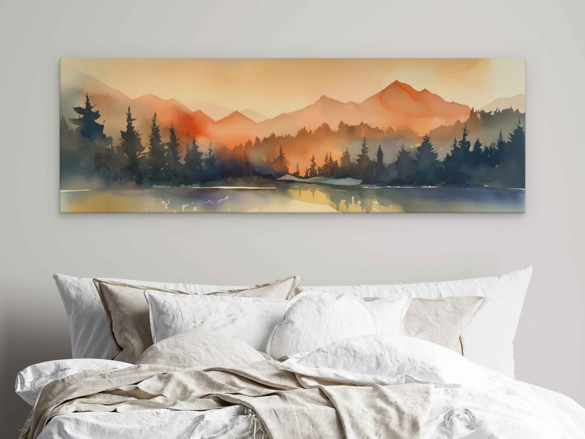 Sunset Mountain Lake Pine Forest Watercolor Panoramic Travel Poster