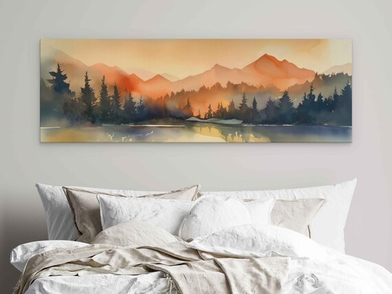 Colorful Panoramic Watercolor Landscape Forest Mountains And Lake Print On Ready To Hang Guest Room Decor Office Decor