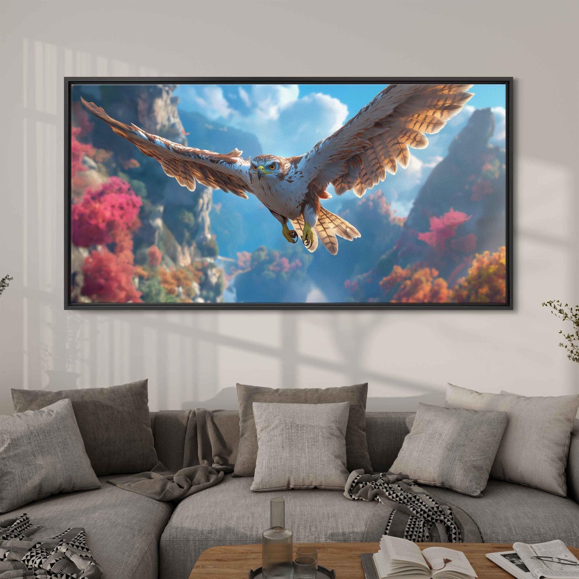 Hawk Soaring Wide Wings Autumn Mountains Blue Sky Wildlife Art Poster