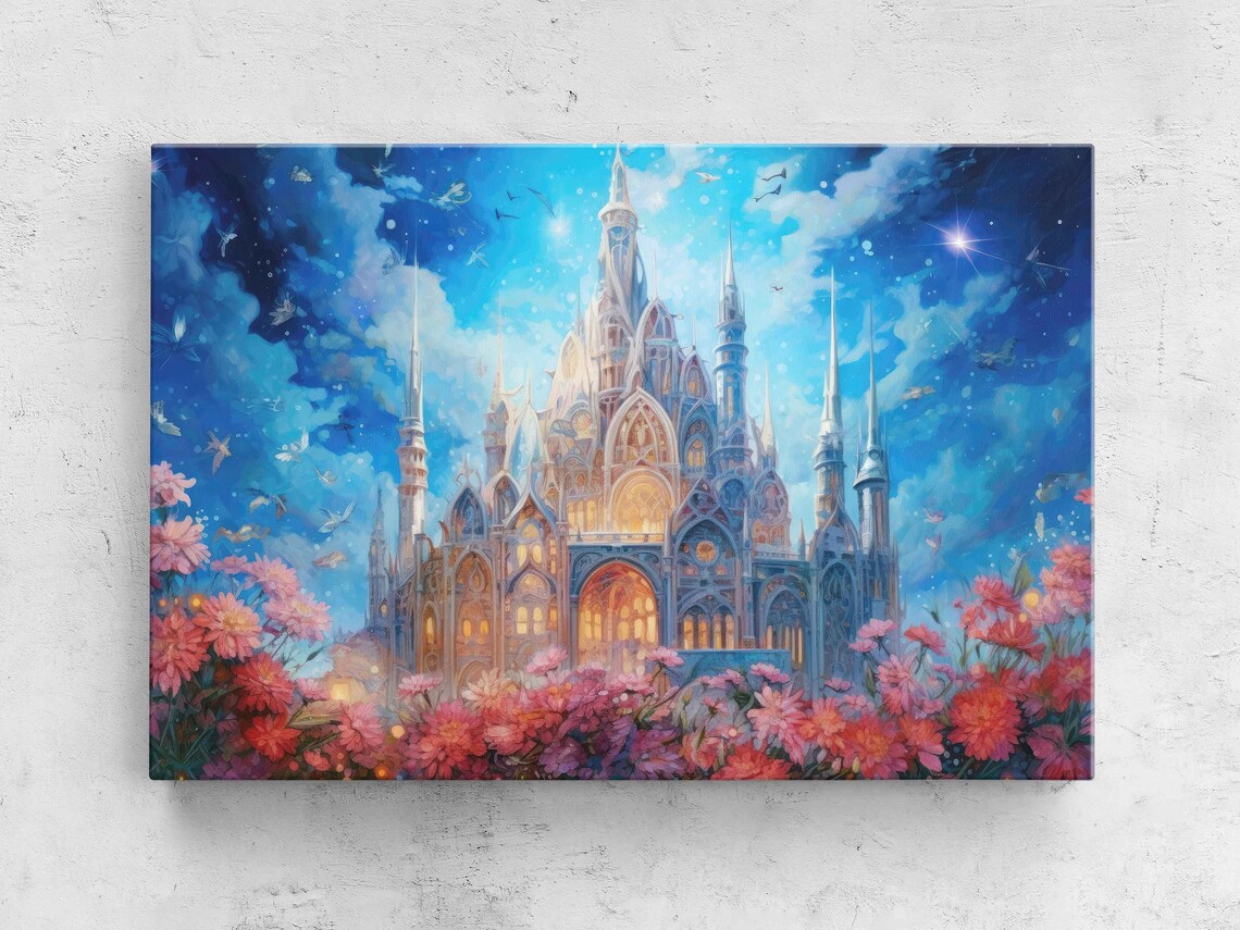 Fairy Tale Enchanted Castle With Flowers, Watercolor